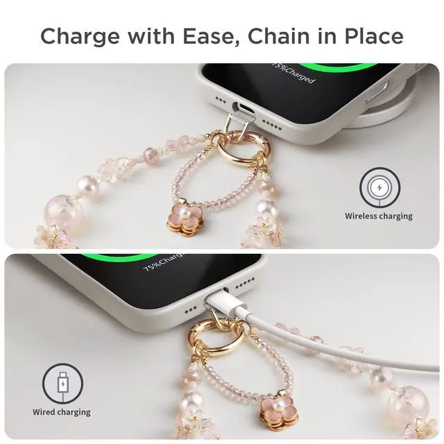 Alt view image 4 of 6 - Phone Charm for Women, Anti-Theft Phone Wrist Strap Hands-Free & Beaded Chain, Detachable Cell Phone Lanyard with Tether Tab
