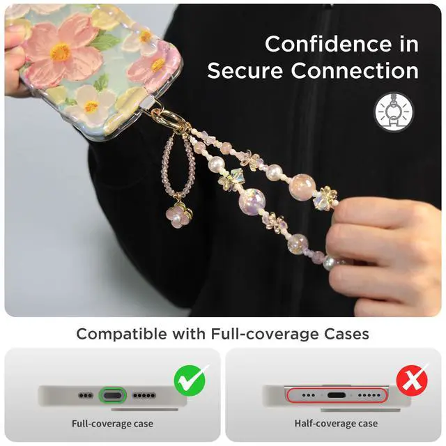 Alt view image 3 of 6 - Phone Charm for Women, Anti-Theft Phone Wrist Strap Hands-Free & Beaded Chain, Detachable Cell Phone Lanyard with Tether Tab