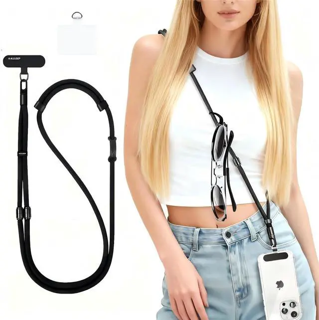 Main image of 3-in-1 Cell Phone Lanyard with 2 Phone Tab, Adjustable Anti Theft Phone Wrist Strap/Crossbody Strap/Neck Lanyard, Compatible with Most Smartphones, Work/Travel Essentials for Women/Men, Black