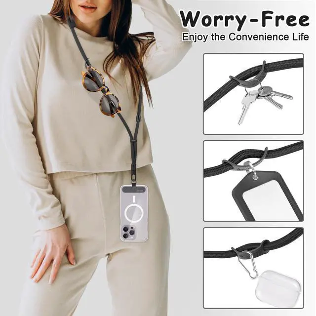 Alt view image 5 of 7 - 3-in-1 Cell Phone Lanyard with 2 Phone Tab, Adjustable Anti Theft Phone Wrist Strap/Crossbody Strap/Neck Lanyard, Compatible with Most Smartphones, Work/Travel Essentials for Women/Men, Black