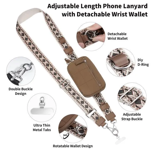 Alt view image 3 of 7 - Clip and Go Strap for Phone with Wallet Crossbody Phone Lanyard with Anti-Theft Zipper Pouch Detachable Quilted Wrist Wallet with RFID and ID Window for Daily and Travel