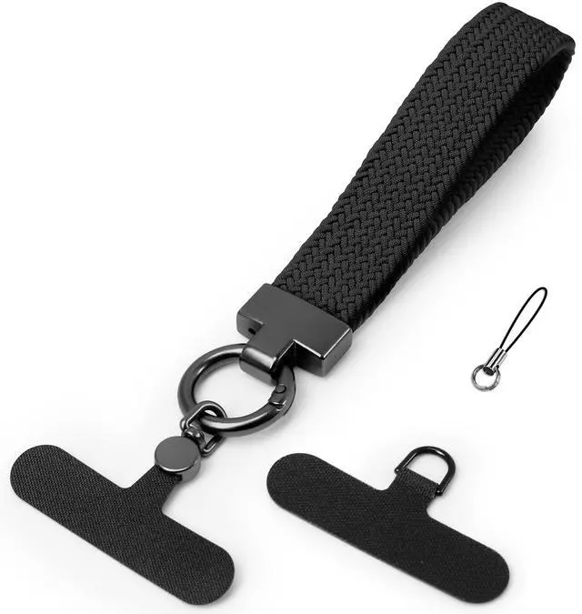 Main image of Elastic Phone Lanyard with Phone Tabs, Stretchy Braided Cellphone Wrist Strap and Keys Keychain (Normal Black)