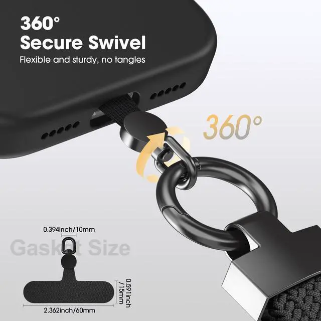 Alt view image 2 of 6 - Elastic Phone Lanyard with Phone Tabs, Stretchy Braided Cellphone Wrist Strap and Keys Keychain (Normal Black)