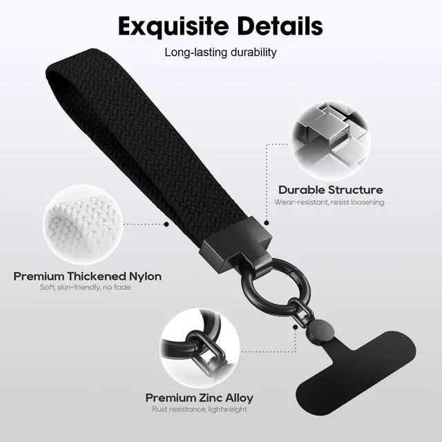 Alt view image 3 of 6 - Elastic Phone Lanyard with Phone Tabs, Stretchy Braided Cellphone Wrist Strap and Keys Keychain (Normal Black)
