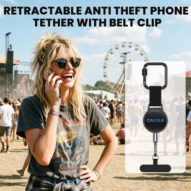 Alt view image 2 of 7 - 25.5'' Retractable Phone Tether Anti Theft, Phone Lanyard for Skiing, Hiking, Outdoor Travel, Anti Pickpocket Phone Strap with Locking Carabiner & Universal Anchor