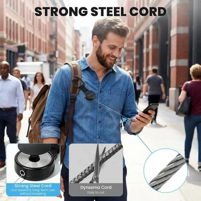 Alt view image 3 of 7 - 25.5'' Retractable Phone Tether Anti Theft, Phone Lanyard for Skiing, Hiking, Outdoor Travel, Anti Pickpocket Phone Strap with Locking Carabiner & Universal Anchor