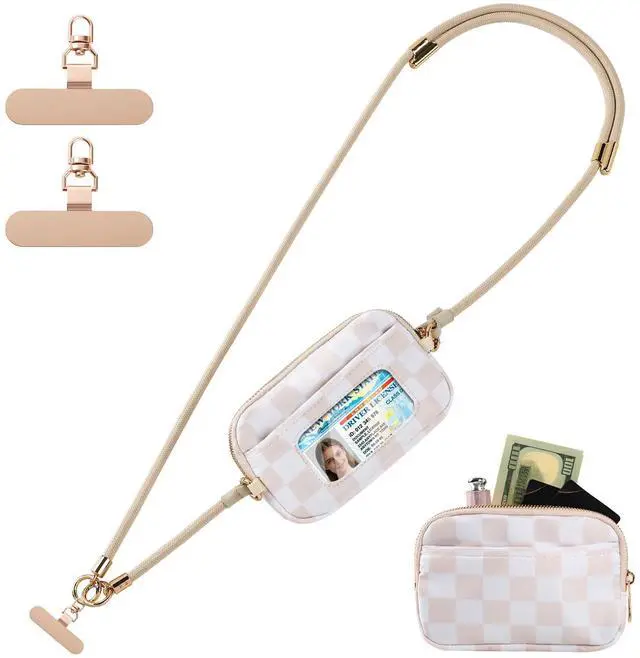 Main image of Clip and Go Strap For Phone with Wallet Crossbody, Adjustable Anti-Theft Phone Lanyard with Slim Detachable RFID Wristlet Wallet and 2 Phone Tether Tabs, For Daily Life, Beige Checkered