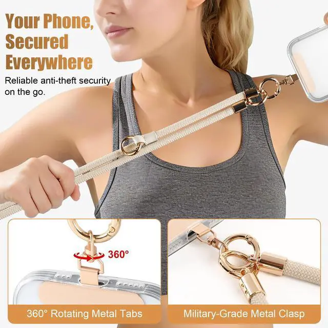 Alt view image 5 of 7 - Clip and Go Strap For Phone with Wallet Crossbody, Adjustable Anti-Theft Phone Lanyard with Slim Detachable RFID Wristlet Wallet and 2 Phone Tether Tabs, For Daily Life, Beige Checkered