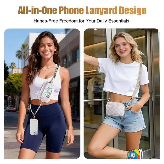 Alt view image 2 of 7 - Clip and Go Strap For Phone with Wallet Crossbody, Adjustable Anti-Theft Phone Lanyard with Slim Detachable RFID Wristlet Wallet and 2 Phone Tether Tabs, For Daily Life, Beige Checkered