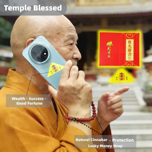 Alt view image 2 of 6 - Lucky Money Feng Shui Phone Charm, Natural Cinnabar Agate Beaded Wrist Strap, 5 Wealth Deities & Om Mani Padme Hum, Universal Phone Camera Bag Strap, Birthday Gift