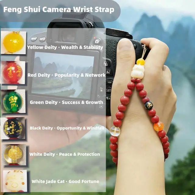Alt view image 3 of 6 - Lucky Money Feng Shui Phone Charm, Natural Cinnabar Agate Beaded Wrist Strap, 5 Wealth Deities & Om Mani Padme Hum, Universal Phone Camera Bag Strap, Birthday Gift