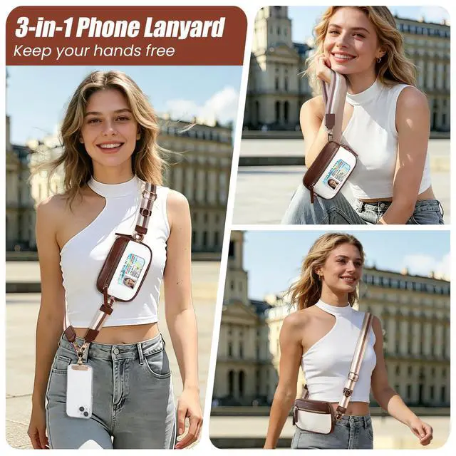 Alt view image 2 of 7 - Clip and Go Strap For Phone with Leather Wallet Crossbody, Adjustable Phone Lanyard with Slim Detachable RFID Wristlet Wallet and 2 Phone Wrist Strap, For Daily Life & Travel, Coffee Brown