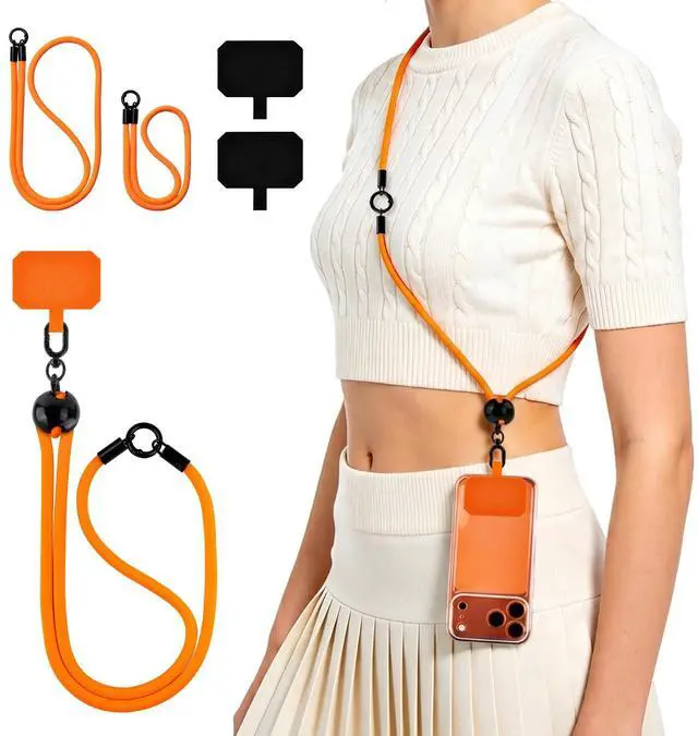 Main image of 2026 New 3-in-1 Phone Lanyard, Adjustable Neck Wrist Strap & Phone Crossbody Strap with 2 Extension Ropes Black Pads, Anti-Theft Universal Cell Phone Holder Tether for iPhone Android (Orange)