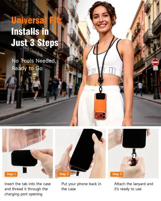 Alt view image 4 of 7 - 2026 New 3-in-1 Phone Lanyard, Adjustable Neck Wrist Strap & Phone Crossbody Strap with 2 Extension Ropes Black Pads, Anti-Theft Universal Cell Phone Holder Tether for iPhone Android (Orange)