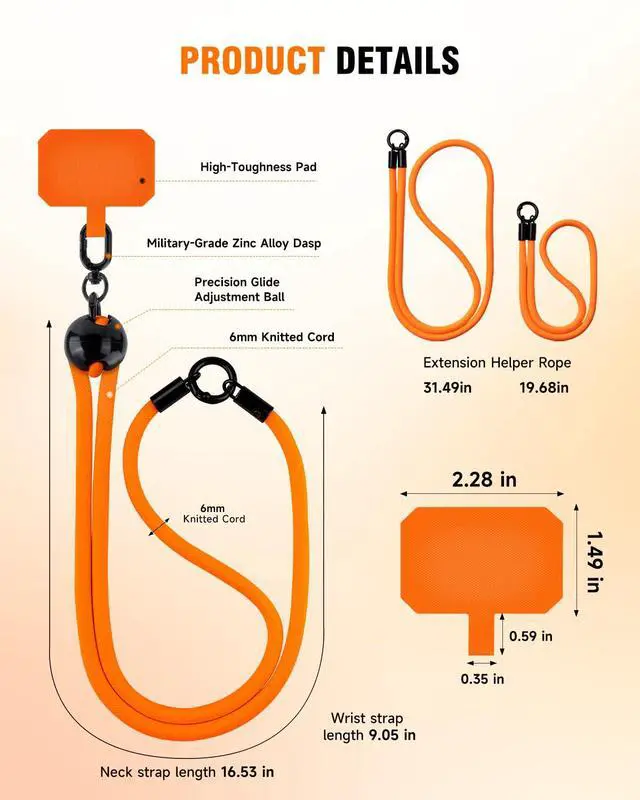 Alt view image 6 of 7 - 2026 New 3-in-1 Phone Lanyard, Adjustable Neck Wrist Strap & Phone Crossbody Strap with 2 Extension Ropes Black Pads, Anti-Theft Universal Cell Phone Holder Tether for iPhone Android (Orange)