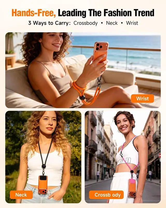 Alt view image 2 of 7 - 2026 New 3-in-1 Phone Lanyard, Adjustable Neck Wrist Strap & Phone Crossbody Strap with 2 Extension Ropes Black Pads, Anti-Theft Universal Cell Phone Holder Tether for iPhone Android (Orange)