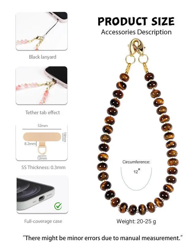 Alt view image 3 of 7 - Gemstone Beaded Phone Charm Wrist Strap with Steel Cable Core Stringing, Detachable Phone Bracelet Strap with Metal Tether Tab (Tigers Eye)