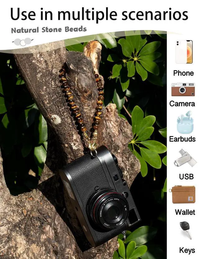 Alt view image 4 of 7 - Gemstone Beaded Phone Charm Wrist Strap with Steel Cable Core Stringing, Detachable Phone Bracelet Strap with Metal Tether Tab (Tigers Eye)