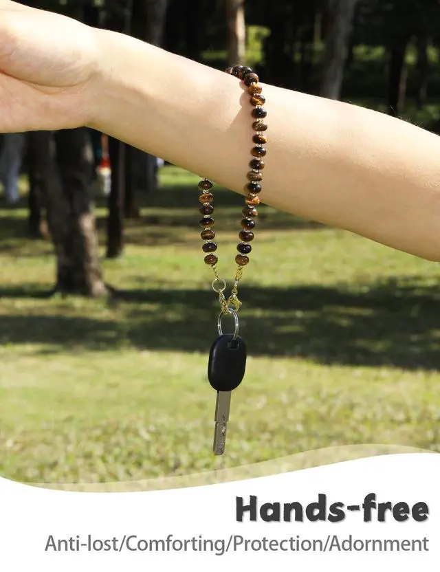 Alt view image 6 of 7 - Gemstone Beaded Phone Charm Wrist Strap with Steel Cable Core Stringing, Detachable Phone Bracelet Strap with Metal Tether Tab (Tigers Eye)