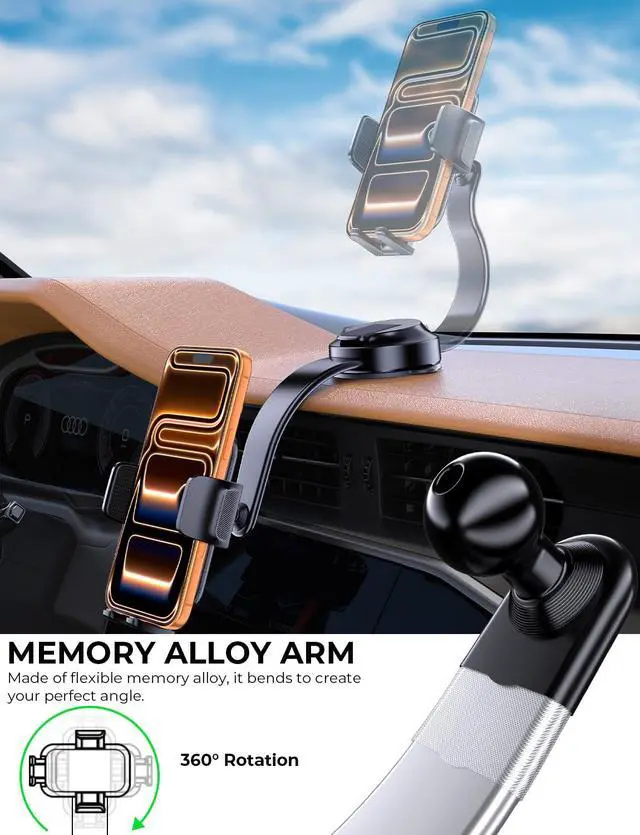 Alt view image 2 of 7 - Car Dashboard Phone Holder for Windshield - Tesla Touch Screen Phone Mount with 360° Adjustable Aluminum Arm & Nano Adhesive Base for iPhone 17 Pro Max and All 4-7inch Smartphone (Black)