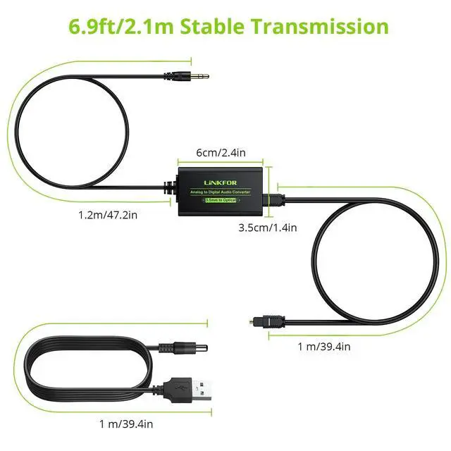 Alt view image 7 of 7 - 3.5mm to SPDIF Converter Analog to Digital Audio Adapter for Enhanced Sound Toslink Optical Output 3.5mm to Optical with Optical Cable for Amplifiers & Soundbars