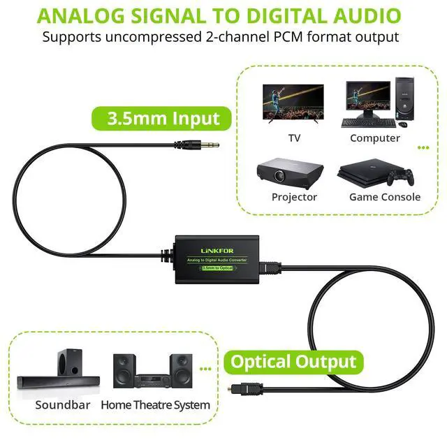 Alt view image 2 of 7 - 3.5mm to SPDIF Converter Analog to Digital Audio Adapter for Enhanced Sound Toslink Optical Output 3.5mm to Optical with Optical Cable for Amplifiers & Soundbars