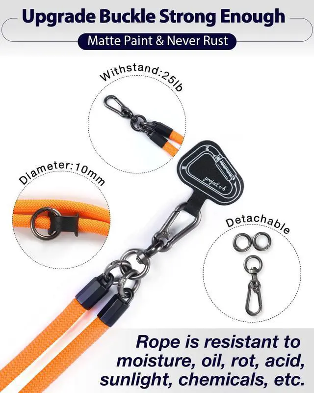 Alt view image 3 of 7 - Cell Phone Lanyard ×1, Tether Tab ×2, Universal Adjustable Phone Strap, Crossbody, Neck Phone Lanyard, Rope Strap (Orange)