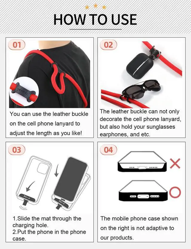 Alt view image 6 of 7 - Cell Phone Lanyard ×1, Tether Tab ×2, Universal Adjustable Phone Strap, Crossbody, Neck Phone Lanyard, Rope Strap (Orange)