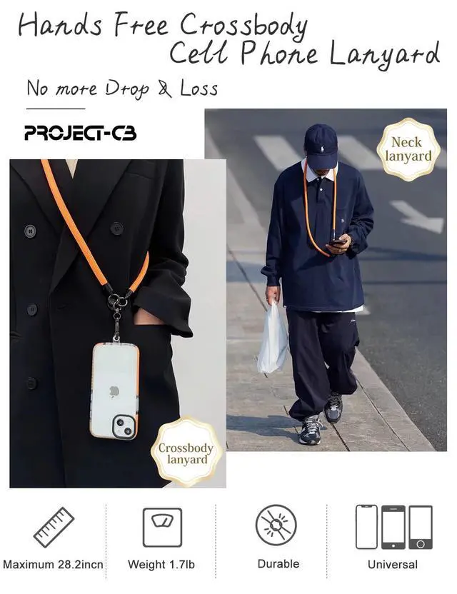 Alt view image 2 of 7 - Cell Phone Lanyard ×1, Tether Tab ×2, Universal Adjustable Phone Strap, Crossbody, Neck Phone Lanyard, Rope Strap (Orange)