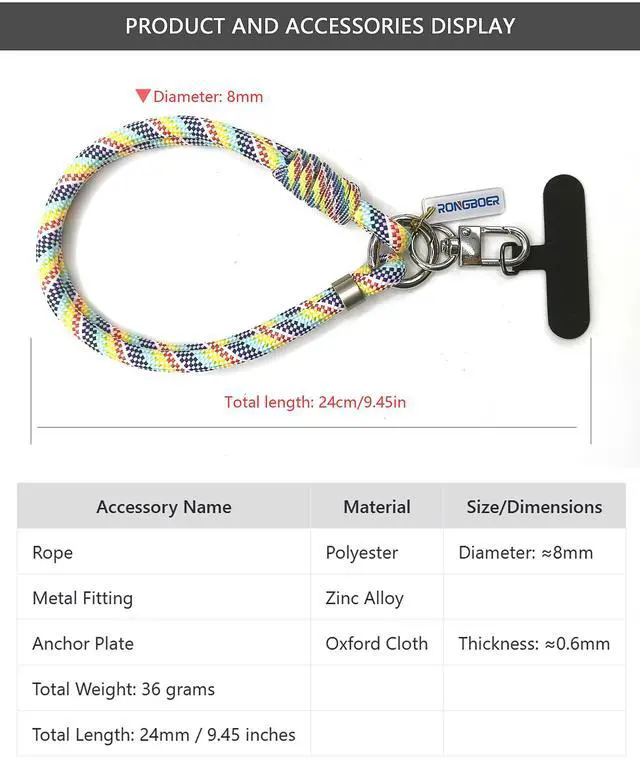Alt view image 5 of 7 - Cell Phone Wrist Strap Lanyard for Men&Women,8mm Handwoven Polyester Cord,Durable for Anti Theft Phones,Keychains,Camera,R13 (Rainbow)