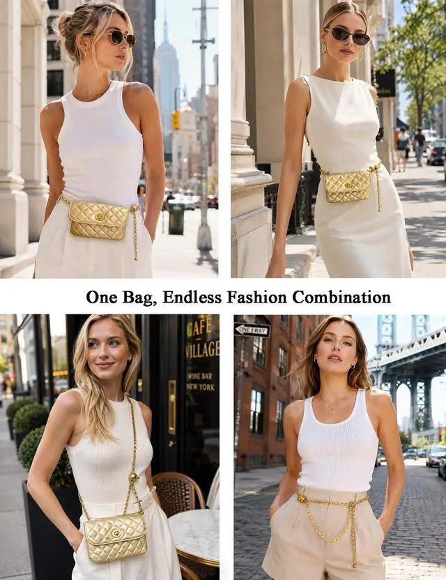 Alt view image 6 of 6 - Leather Chain Belt Bag for Women Gold Crossbody Phone Purse Adjustable Fanny Pack Fashion Waist Purse Evening Clutch Detachable Mini Handbag