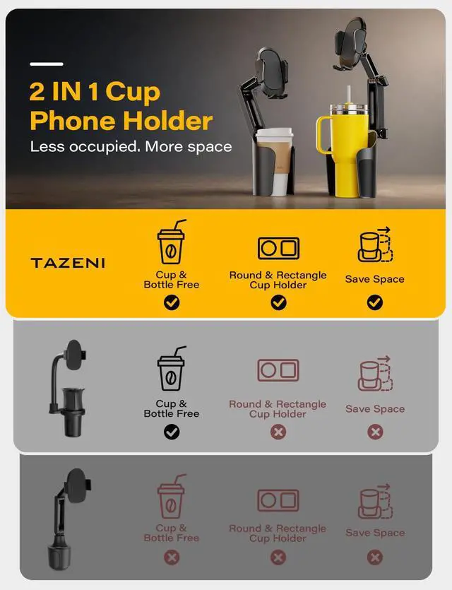 Alt view image 2 of 7 - 2-in-1 Cup Holder Cell Phone Holder for Your Car Bottle Friendly Cup Cell Phone Holder Mount for Car Height Adjustable Sturdy Fit 4.7-7 inches Phones