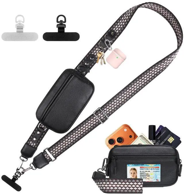 Main image of Clip and Go Phone Strap with Crossbody Wallet, Adjustable Phone Lanyard with Detachable RFID Wristlet Wallet, Anti-Theft Leather Purse with ID Window for Travel Essentials (Black)