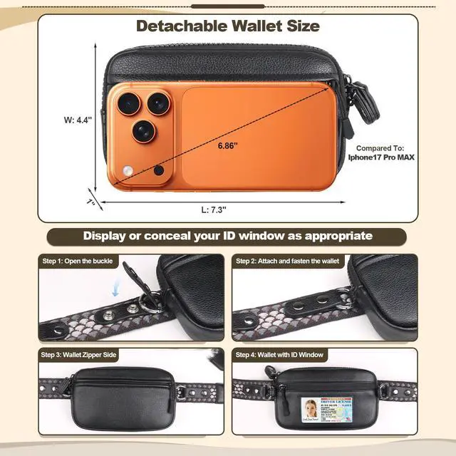 Alt view image 5 of 7 - Clip and Go Phone Strap with Crossbody Wallet, Adjustable Phone Lanyard with Detachable RFID Wristlet Wallet, Anti-Theft Leather Purse with ID Window for Travel Essentials (Black)