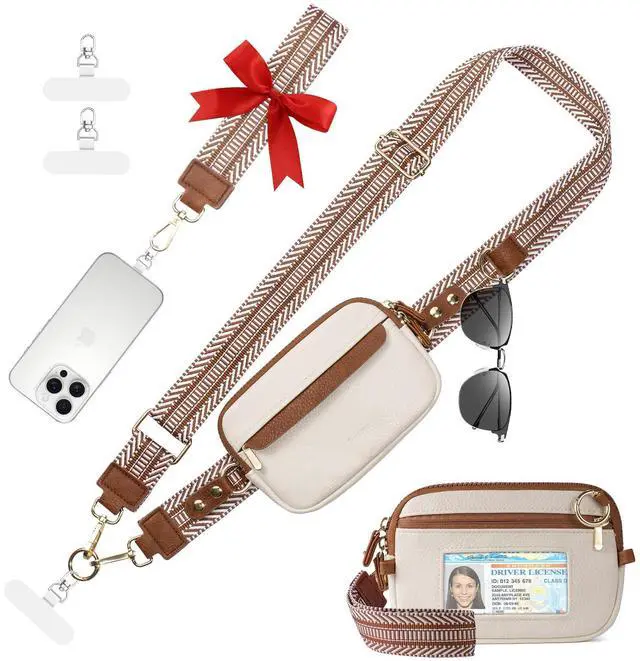 Main image of Clip and Go Strap for Phone with Wallet Crossbody Phone Lanyard Adjustable and Anti-Theft Leather Purse with RFID Zipper Pouch for Travel Daily Life. Medium White-Brown