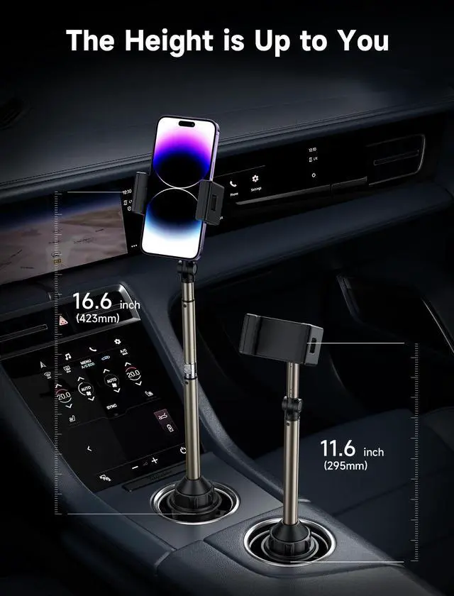 Alt view image 2 of 7 - Car Cup Holder Phone Mount, Metal Long Arm, Adjustable Base