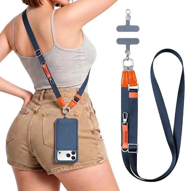 Main image of Phone Lanyard Crossbody with 2 Phone Tabs, Adjustable Anti Theft Phone Strap for iPhone & Android, Universal Skin-Friendly Cell Phone Neck Lanyard for Travel Hiking Cycling Shopping (Blue)