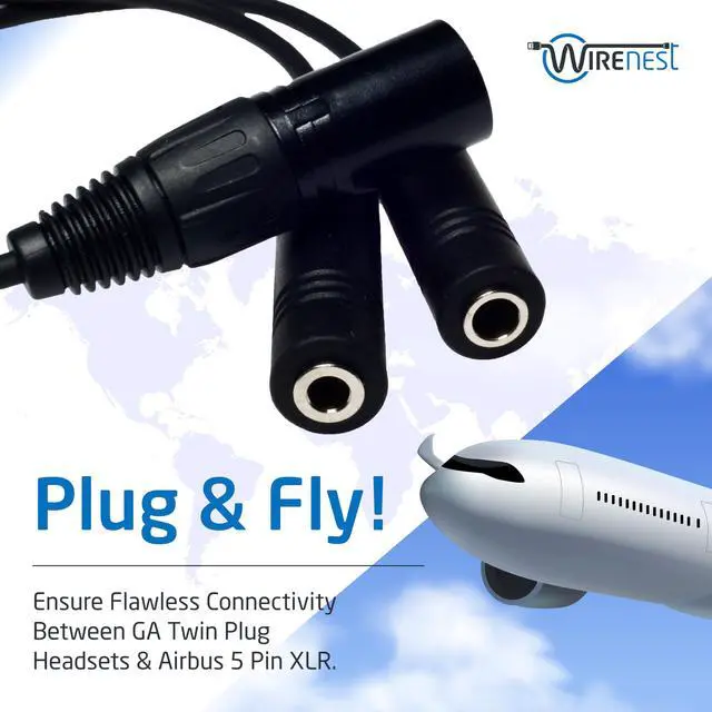 Alt view image 2 of 7 - GA Twin Plug to Airbus 5 Pin XLR Headset Adapter - Dual General Aviation PJ-055 (.206) and PJ-068 (.25) Jacks Connector - Compatible with Most Major Brand Pilot Headsets