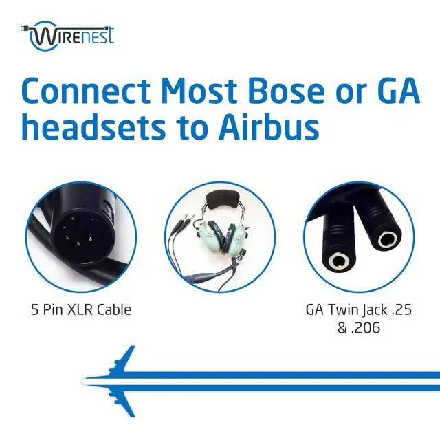 Alt view image 3 of 7 - GA Twin Plug to Airbus 5 Pin XLR Headset Adapter - Dual General Aviation PJ-055 (.206) and PJ-068 (.25) Jacks Connector - Compatible with Most Major Brand Pilot Headsets