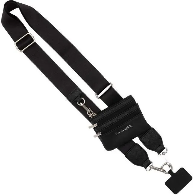 Main image of Clip and Go Phone Strap Solid (Black - Black Pouch with Silver Hardware) - Crossbody Phone Strap Chain with Zipper Wallet Pouch Phone Lanyard with Zippered Pouch