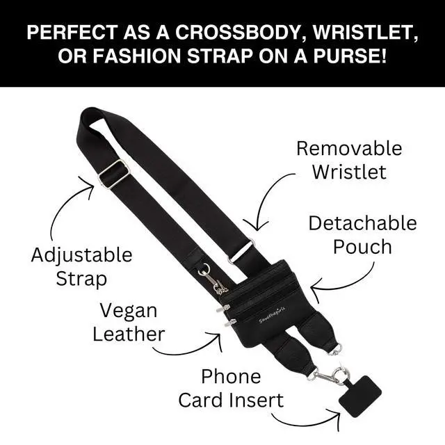 Alt view image 3 of 6 - Clip and Go Phone Strap Solid (Black - Black Pouch with Silver Hardware) - Crossbody Phone Strap Chain with Zipper Wallet Pouch Phone Lanyard with Zippered Pouch