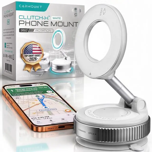 Main image of Clutch-X White Upgraded Vacuum Phone Mount Suction Cup Car Phone Holder for iPhone, Window Phone Mount, 360° Vacuum Magnetic Phone Holder for Car, Magnetic Phone Holder with Suction Cup