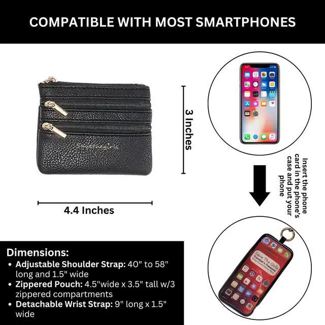 Alt view image 6 of 6 - Clip and Go Phone Strap Solid (Black - Black Pouch with Silver Hardware) - Crossbody Phone Strap Chain with Zipper Wallet Pouch Phone Lanyard with Zippered Pouch