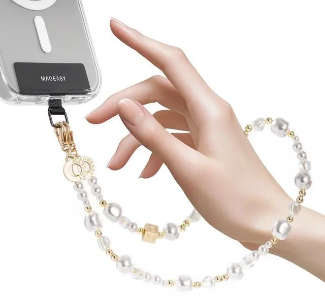Main image of Phone Charm for Women - Cell Phone Wrist Strap with Teather Tab, Designed for iPhone & Android Phones, Keychain, Camera - Pearl Series, White Pearl with Lobster Hooks (Double Hooks)