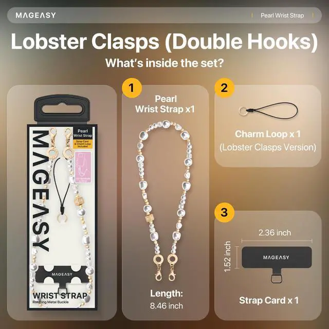 Alt view image 4 of 7 - Phone Charm for Women - Cell Phone Wrist Strap with Teather Tab, Designed for iPhone & Android Phones, Keychain, Camera - Pearl Series, White Pearl with Lobster Hooks (Double Hooks)