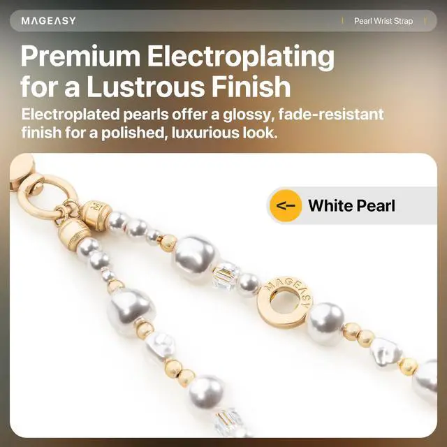 Alt view image 6 of 7 - Phone Charm for Women - Cell Phone Wrist Strap with Teather Tab, Designed for iPhone & Android Phones, Keychain, Camera - Pearl Series, White Pearl with Lobster Hooks (Double Hooks)
