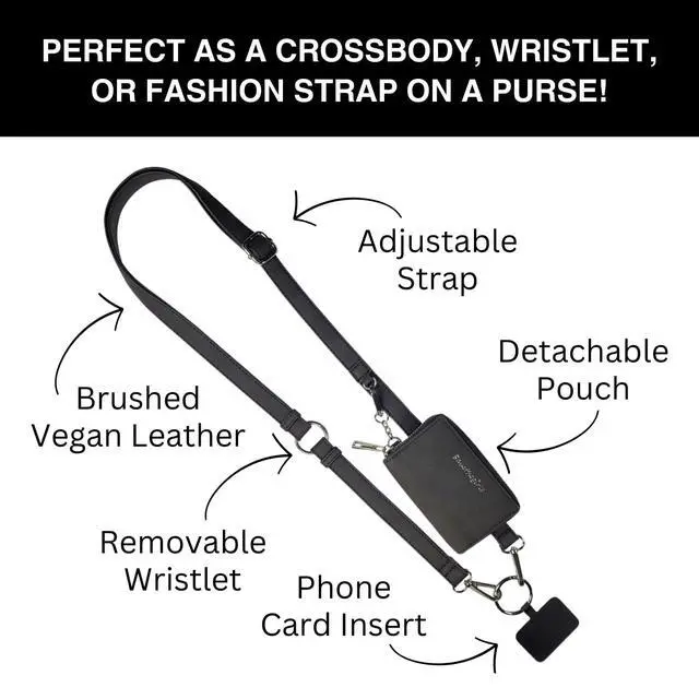 Alt view image 3 of 6 - Clip and Go Brushed Vegan Phone Lanyard (Black) - Crossbody Phone Case with Pouch, Adjustable and Removable Shoulder Strap and Wristlet Strap