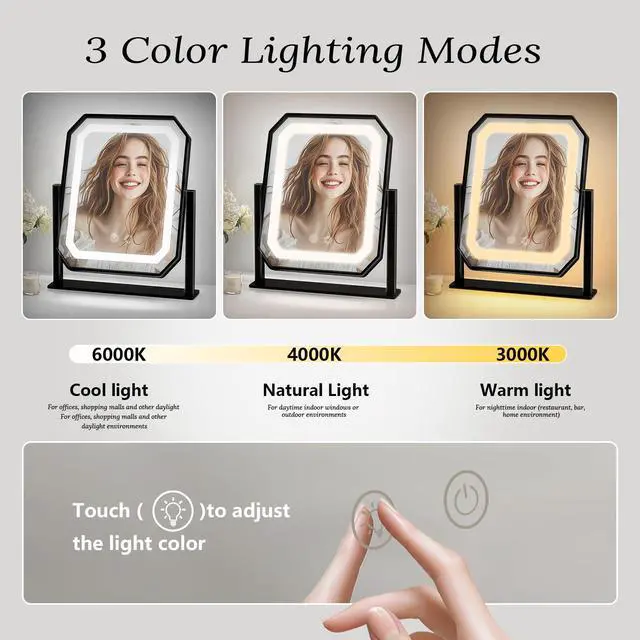 Alt view image 3 of 7 - Lighted Makeup Mirror, 3 Colors for Precise Application, Touch Control Brightness Adjustment for Easy Use, with a Detachable 10x Magnifying Mirror, 13.4 x 12 Hollywood Vanity Mirror for Plug-in Use
