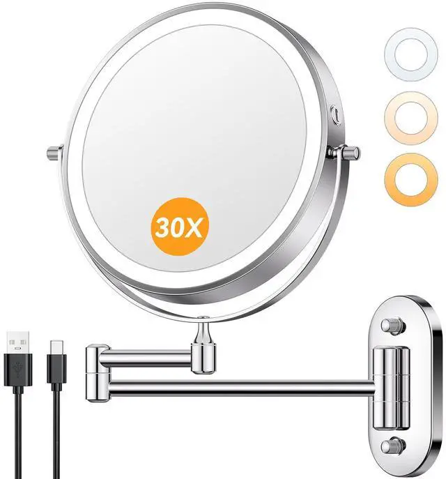 Main image of 1X/30X Wall Mounted Lighted Makeup Mirror, 8" Rechargeable Double-Sided Magnifying Mirror with Light, Touch Dimmable 3 Color Light, 360° Rotation Foldable Extended Arm, Chrome