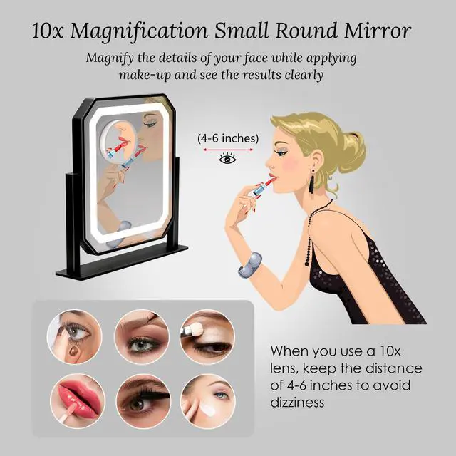 Alt view image 5 of 7 - Lighted Makeup Mirror, 3 Colors for Precise Application, Touch Control Brightness Adjustment for Easy Use, with a Detachable 10x Magnifying Mirror, 13.4 x 12 Hollywood Vanity Mirror for Plug-in Use
